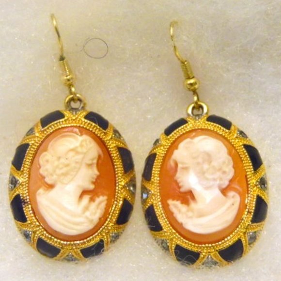 AMEDEO NYC 25mm Art Deco Black Enamel and Crystal  Wire Cameo Earrings - Picture 1 of 5